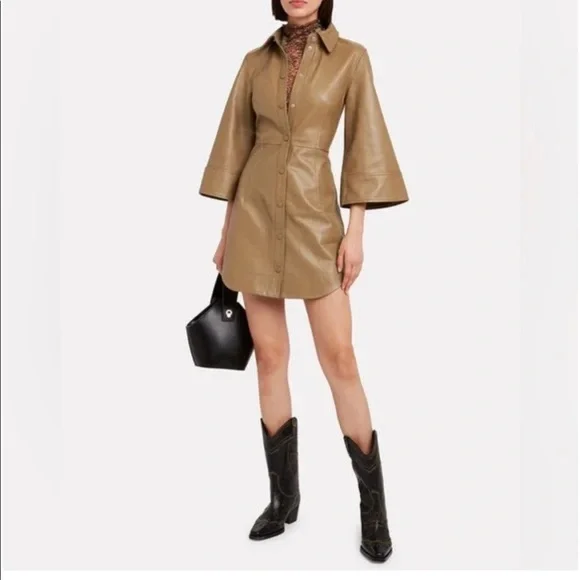 Ganni Tan Leather Mini Dress - Picture 3 of 6